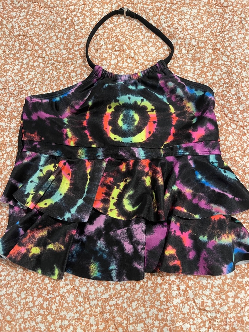 Tie-Dye Halter Ruffle Top - Black with Multicolor Swirl